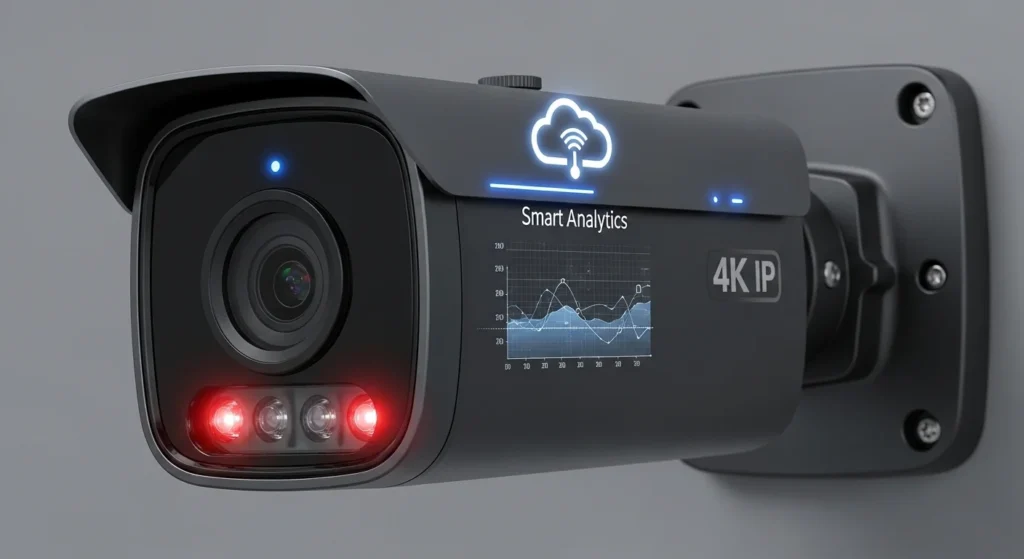 Modern 4K IP security camera cloud storage analytics UK business CCTV technology