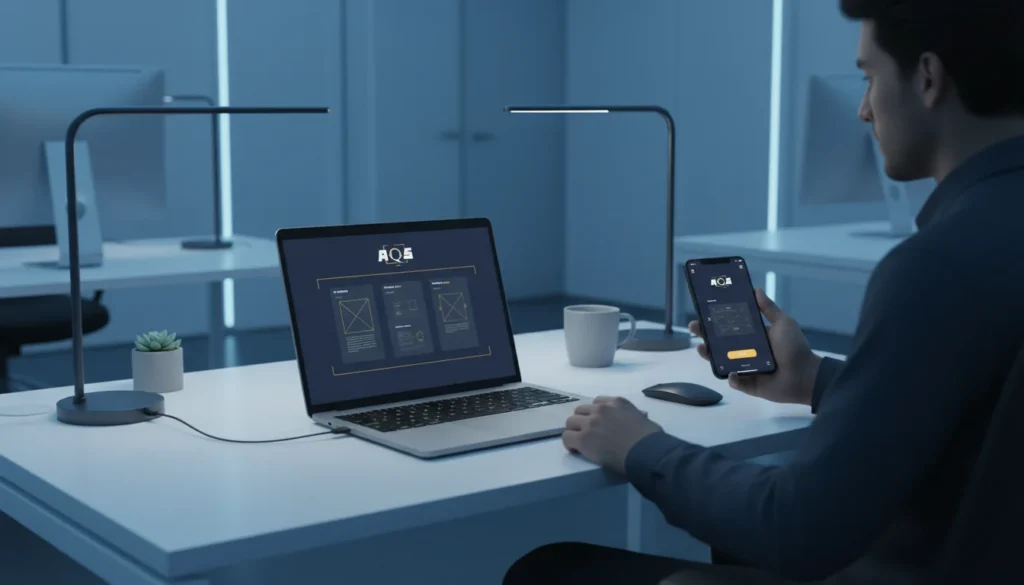 Mobile app development workspace with UI design