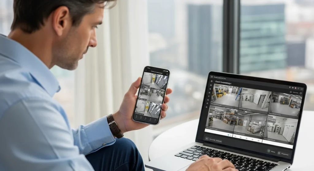 Remote CCTV monitoring smartphone app UK business owner viewing multiple camera feeds