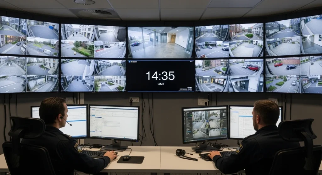 Professional security monitoring room multiple CCTV camera feeds UK corporate surveillance center
